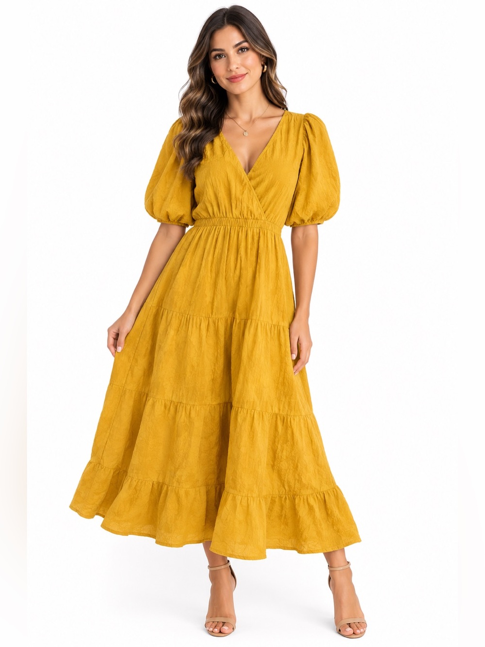 Mustard Yellow Tiered Midi Dress Puff Sleeve V Neck Boho Cottagecore Casual